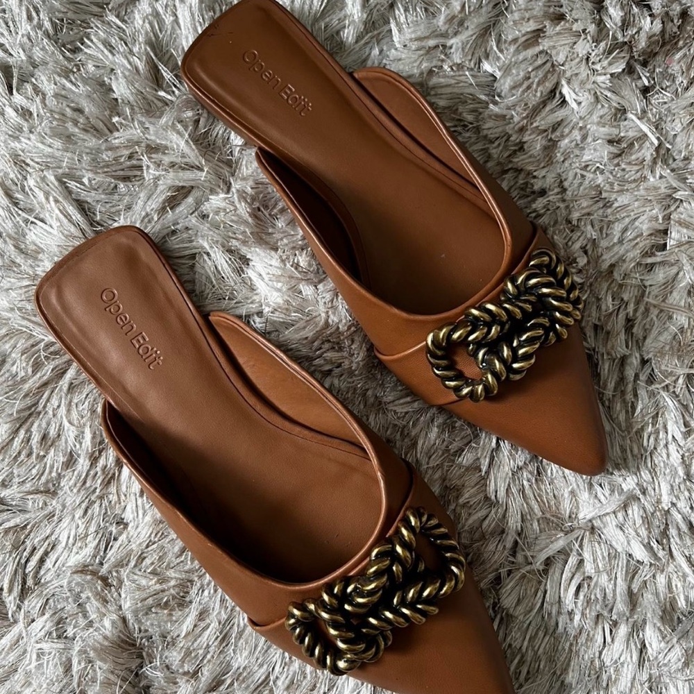 Women's Stylish Brown Mules with Intricate Chain Detail
